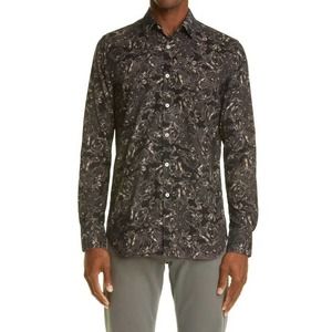 Canali Mens Long Sleeve Black Floral Corduroy Cotton Button Up Shirt Sz XL NWT